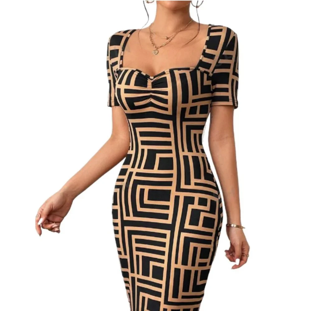 SHEIN | Dresses | Shein Bodycon Mini Dress Womens Large Prive Geometric  Print Sweetheart Dress New | Poshmark